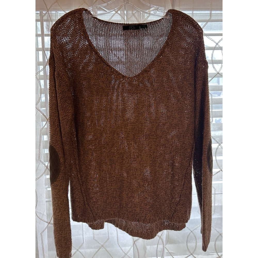 RDI Brown Knit V-Neck Long Sleeve Pullover Sweater with Elbow Patches Size L